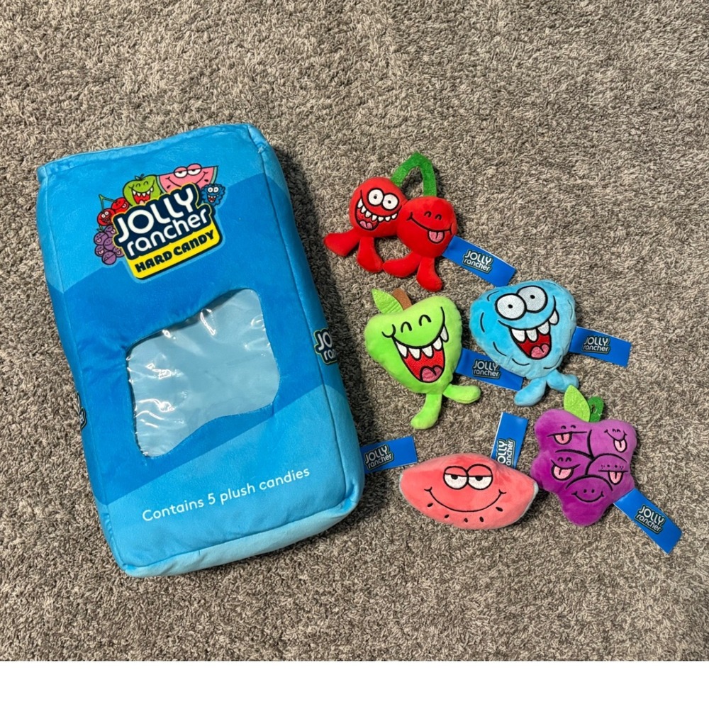 Jolly Rancher Plush Candy Bag Set 5 Piece Soft Toy Characters Blue Bag Excellent